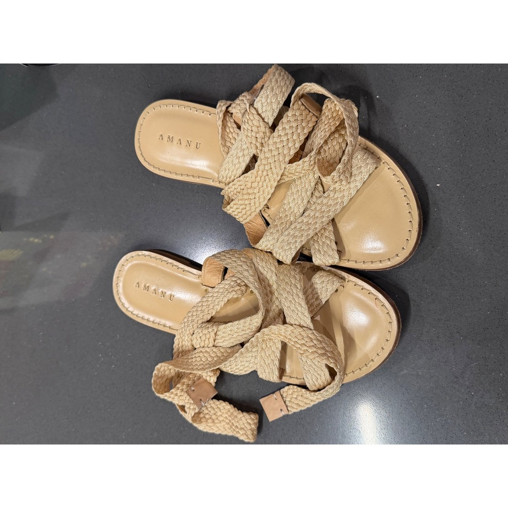 AMANU The Kilimanjaro Woven Lace-Up Gladiator Sandals Women 39 Beige EUC Boho